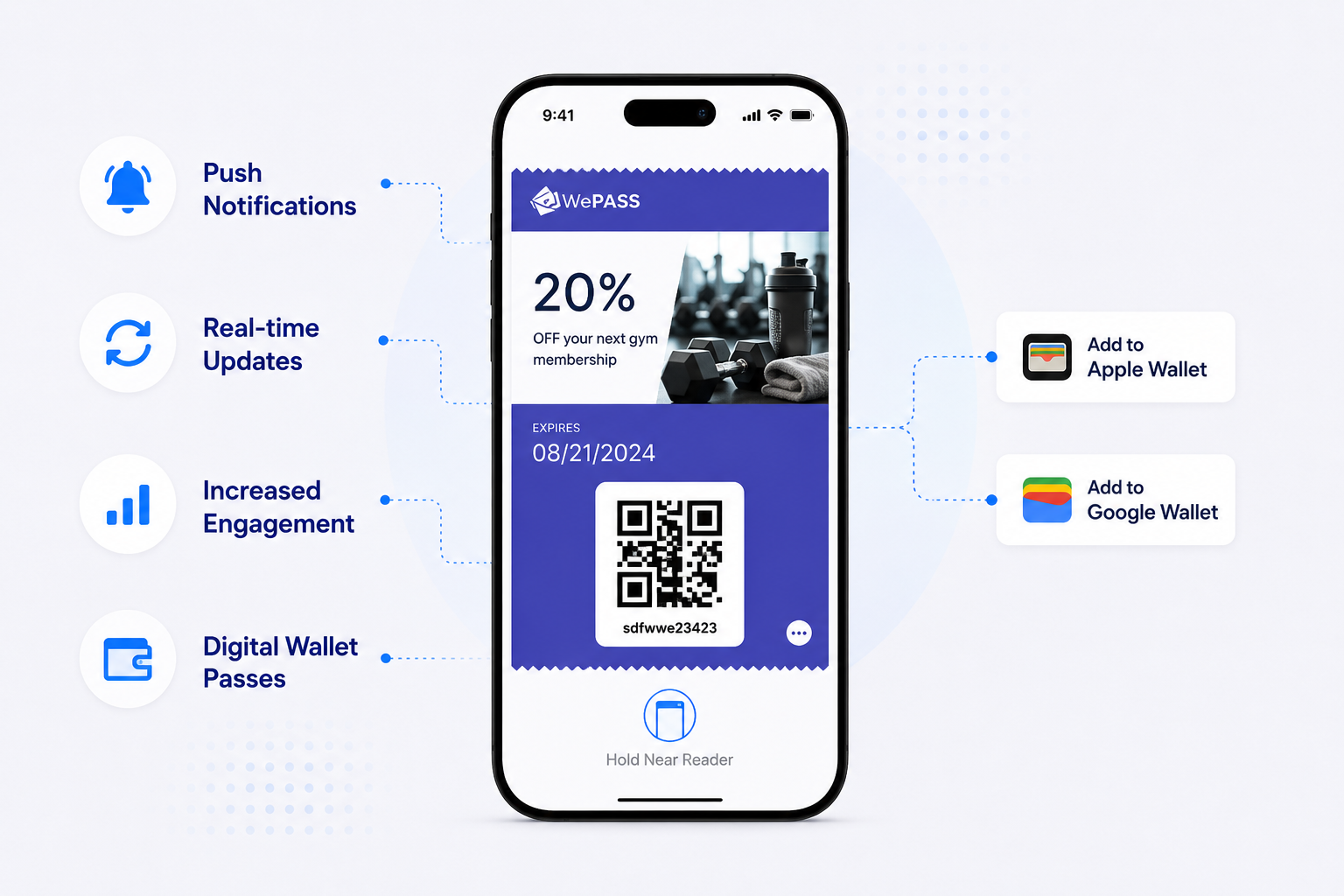 WePass digital gym membership pass with push notifications and real-time updates in Apple and Google Wallet