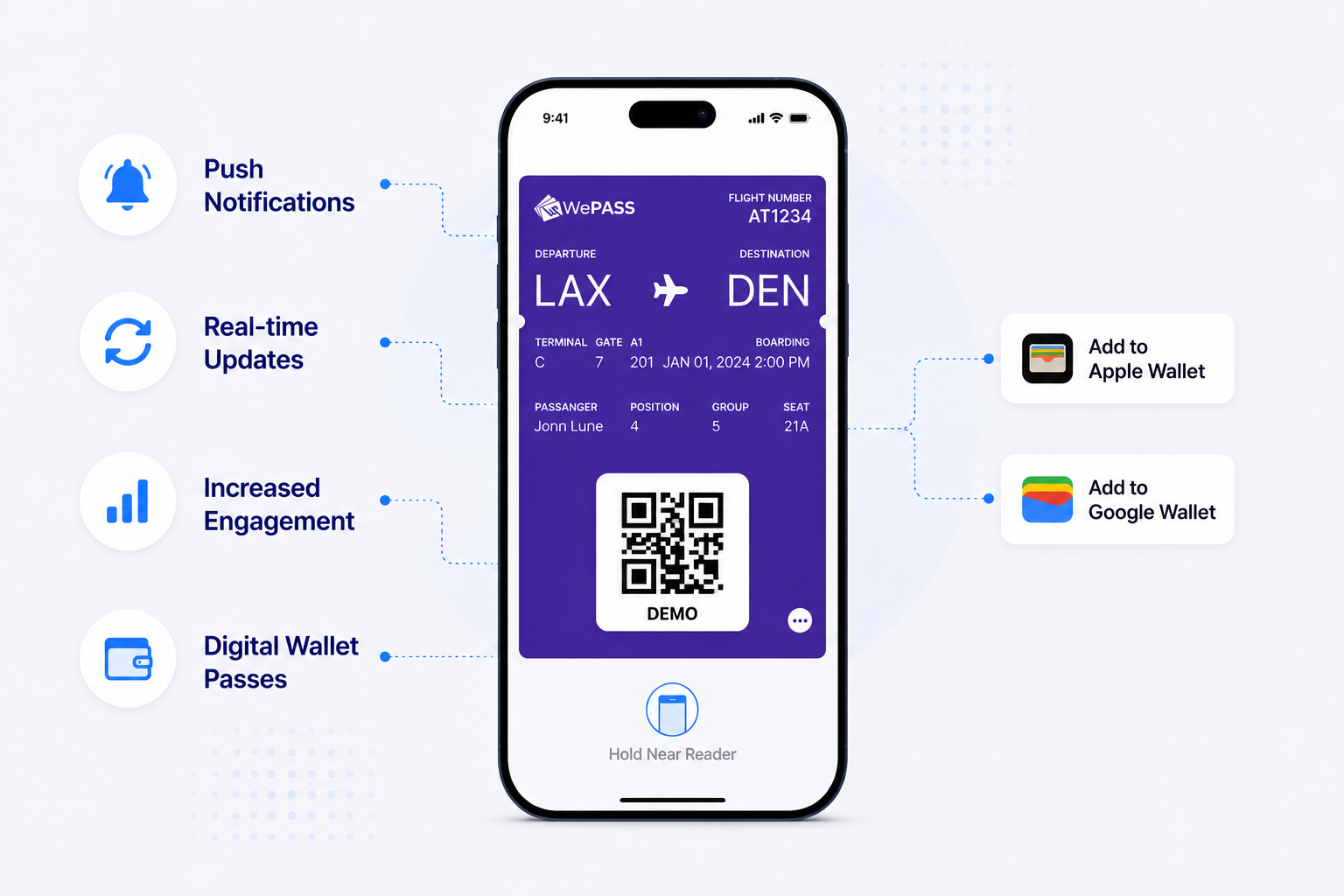 WePass digital boarding pass with push notifications and real-time updates in Apple and Google Wallet